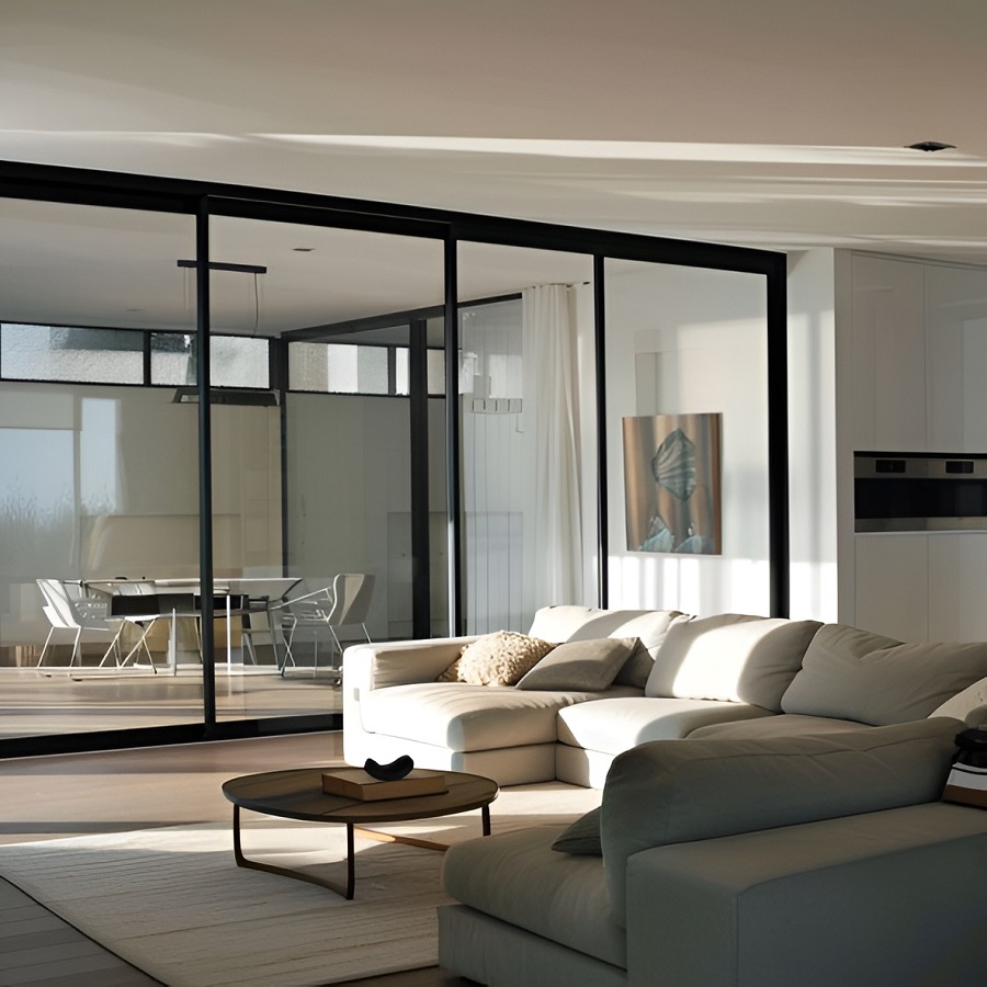 Vách ngăn nhôm kính phân chia khu vực phòng khách và phòng bếp